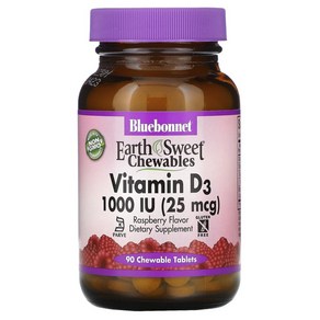 Bluebonnet Nutrition Earth 스윗 츄어블 비타민D3 라즈베리 1000 IU (25 mcg) 츄어블 90정