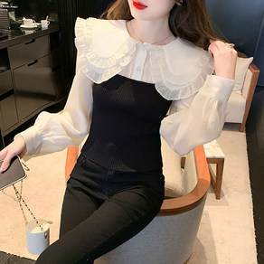 ROYALBELLE 여성 봄 가을 컬러블록 캐주얼 루즈핏 블라우스 레이어드 페이크 칼라 셔츠 A0112914