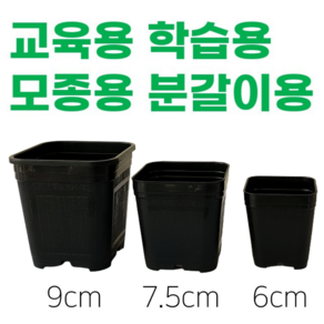 <국내생산> 20개 세트 삽목화분 플분 사각화분 6cm 7.5cm 9cm 검정화분 다육화분 모종화분 교육용화분 학습용화분 분갈이화분