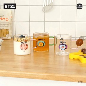 BT21 미니니 손잡이 투명 유리컵 SHOOKY 슈키 유리커피잔 물컵 홈카페 집들이 선물, 1개