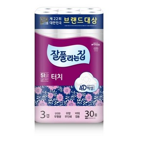 잘풀리는집 깨끗한 터치 3겹 두루마리 휴지, 1개, 30롤