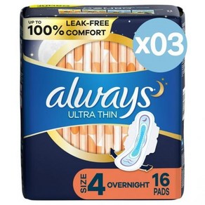 Always 올웨이즈 울트라 신 오버나이트 패드 윙 포함 16개입 3팩 Ulta Thin Ovenight Pads with Wings Size 4, 3개