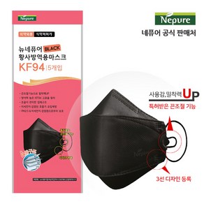 [네퓨어] KF94 끈조절 마스크 50매 60매 황사 미세먼지 마스크, 5개입, 12개, 블랙