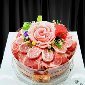 상자포장] 한돈케이크 1400g 모듬구이세트_선물용 고기케이크(한돈1+등급), 생일토퍼+리본포장, 1세트