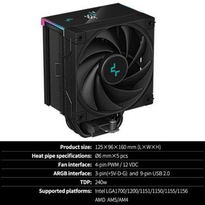 CPU쿨러 컴퓨터쿨러 호환 DeepCool 디지털 디스플레이 공랭식 라디에이터 두꺼운 타워 AK500S 5 열 파이프 LGA1700 115X 1200 AM4 AM5