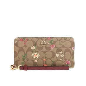 Coach 코치 지갑 장 FC8736 C8736 카키 멀티 시그니처 와일드 플라워 롱 Zip 어라운드 스트랩 여성 데일리 고급