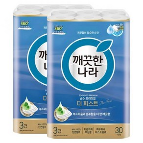 깨끗한나라 1+1 순수 프리미엄 더 퍼스트 천연펄프 3겹 고급롤화장지 30m 30개입 x 2개, 깨끗한나라 1+1 순수 프리미엄 더 퍼스트 천연펄프 3