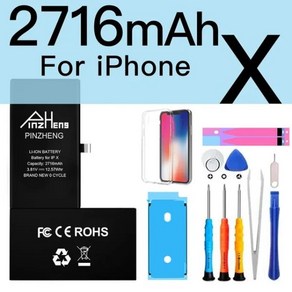 PINZHENG 아이폰 X XR XS 11 12 13 미니 맥스 프로 프로맥스용 정품 배터리 대용량 교체 1 년 보증, 2716mAh Fo iX, 01 2716mAh Fo iX