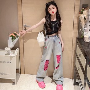 주니어 여아 핑크 찢청 데님바지 와이드진 연청 데님팬츠