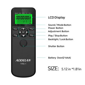 AODELAN TRS-1 타이머 원격 제어 셔터 릴리스 캐논 니콘 소니 파나소닉 올림푸스 카메라 전구 촬영 지연, 1개