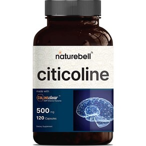 NatueBell 프리미엄 Citicoline 보충제 CDP Choline Citicoline 500mg 플러스 티로신 50mg 120 캡슐 듀얼 액션 뇌 보충제 비 GM, 1개, 120정