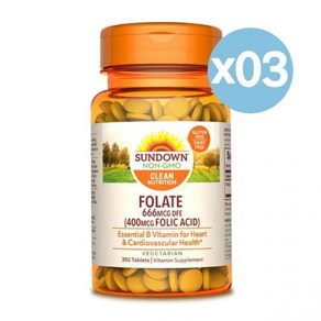 Sundown Natuals 선다운 내추럴스 폴레이트 666mcg + 폴릭 액시드 400mcg 하트 헬스 서포트 350개입 3팩 Folate 400mcg Folic Acid, 3개, 350정