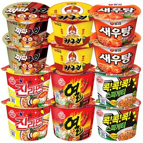 컵라면 용기 6종 12입 농심 (짜파구리2 + 카구리2) + 오뚜기 (진라면 매운맛2 + 열라면2 + 새우탕2 + 스파게티2), 1세트