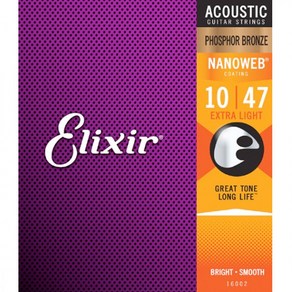 공식수입정품<b>Elixi - NANOWEB Phospho Bonze Acoustic Exta Light / 나노웹 어쿠스틱 스트링 010-047 (16002), 16002, 1개