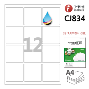 iLabel 아이라벨 CJ834 100장 12칸(3x4) 흰색 모조 잉크젯 전용 65x65mm R2 정사각형 스티커 A4 라벨지 - 비트몰 iLabels 라벨프라자