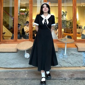BIKASU 여성 여름 빅사이즈 A라인 롱원피스 일상 통근 라운드넥 원피스