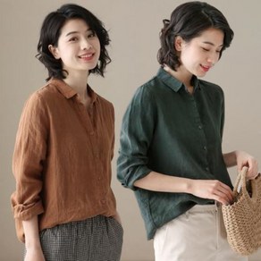 tagi 면 마 셔츠 여성 봄가을 루즈핏 긴팔 린넨 코트S~4XL