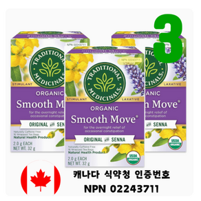 Taditional Medicinals Oganic Smooth Move Tea 허브 티 변비/숙변 개선 카페인 없음 캐나다직배송, 3개, 32mg, 16개입