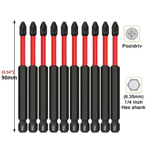 PZ2 임팩트 스크루드라이버 비트 세트 90mm Pozidiv 드라이버 비트 1/4 인치 육각 생크 마그네틱 PZ2 드릴 비트 10, 10Pcs 90mm PZ2, 10개