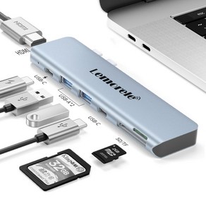 Lemoele USB Type C 허브 MacBook Po/Ai용 HDMI 어댑터 4K TF SD 리더 PD 100W 듀얼 USB-C, 회색, 1개