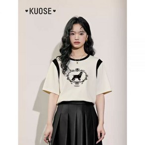 KUOSE 쿠오세티셔츠 강아지 배색 여성봄티셔츠 루즈핏티셔츠