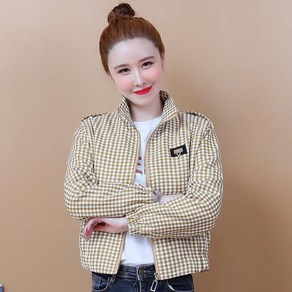 ROYALBELLE 여성 얇은 데일리 숏 자켓 집업 허리 밴딩 체크 야구복 점퍼 캐주얼룩 상의 V62807