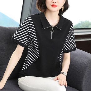 ROYALBELLE 여성 스트라이프 칼라 반팔 티셔츠 빅사이즈 캐주얼 루즈핏 지퍼 디테일 티셔츠 F0022003