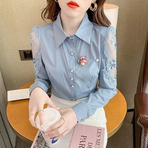 여성용 자수 셔츠 레이스 배색 펀칭 긴팔 티셔츠 Women's T-shirt 뉴타임즈 T749Q293