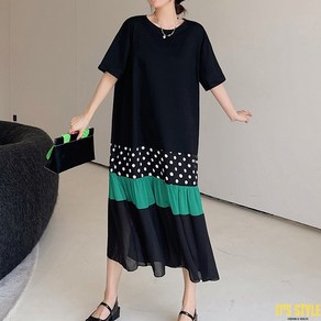 잇츠스타일 [L-3XL] 빅사이즈 롱티셔츠 스티치 배색 스커트 반소매 원피스