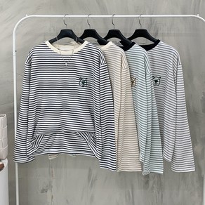 행복여[신상무배]1+1 코델리 곰돌이 자수 배색 스트라이프 긴팔 티셔츠