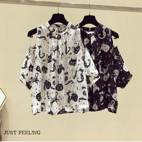 JUSTFEELING M-4XL 빅사이즈 여자 루즈핏 여름신상 시원한 7부소매 쉬폰 어깨 트임 블라우스