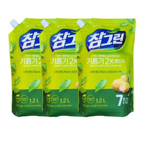 참그린 기름기 2X 뽀드득 레몬 녹차 주방세제 리필, 1.2L, 3개