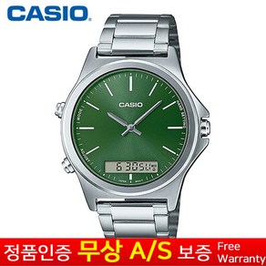 CASIO [카시오정품][무상보증] 그린실버 남성중고등학생 메탈밴드 칼렌터 클래식 전자 아날로그 정장손목시계 MTP-VC01D-3E