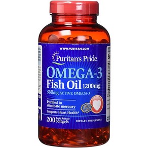 Puitans Pide Omega-3 물고기 오일 소프트젤 1200 mg 200 카운트, 1개, 200정