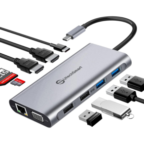 UtechSmat 11 in 1 트리플 디스플레이 USB C Hub 듀얼 HDMI VGA PD3.0 SDTF 카드 슬롯 USB 포트 4개(그레이), 그레이, 4개