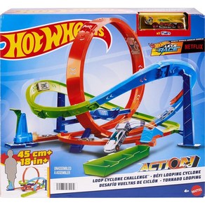 Hot Wheels 자동차 트랙 세트 액션 루프 사이클론 챌린지 높이 45.7cm(18인치) 2가지 플레이 방법 및 쉬운 보관 1:64 스케일 차량 포함, 1개