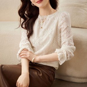 패션고리 여성 라운드 러블리 레이스 고급 블라우스 H996