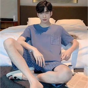 무니유유 남성 여름 체크 시원한 편한 반팔 반바지 잠옷 상하의세트