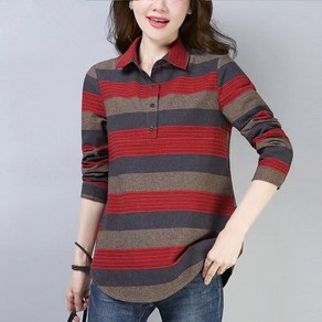 별후이 여성용 봄가을 데일리 중년 빅 사이즈 면마 줄무늬 티셔츠08dgh08LL