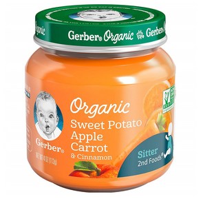 거버 퓨레 이유식 2단계 113g 6팩 스위트 포테이토 애플 캐럿 Gebe Puees Oganic 2nd Foods Sweet Potato Apple Caot with Cinnamon Baby Food Glass Ja 4 oz, 단일옵션, 6개