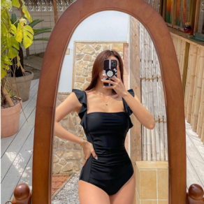 스멜모리 여성 모노키니 체형커버 셔링 비치웨어 수영복, 블랙