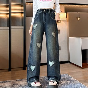 베비포 초등 중등 와이드 일자핏 하트 헤짐청바지 PH2