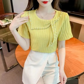해피유통 여성 여름 데일리룩 레이스카라 반팔 티셔츠 퍼프소매+리본포인트+무버튼bhf