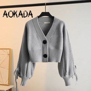 AOKADA 여성 볼레로가디건 크롭가디건 브이넥 골지 솔리드 나비매듭 퍼프소매 니트 가디건