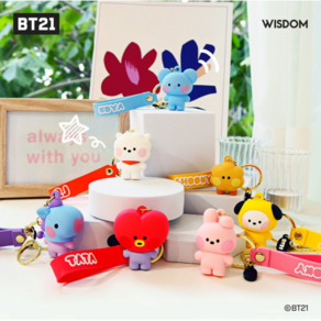 BT21 미니니 피규어 스트랩 키링 알제이RJ 타타TATA 쿠키COOKY 치미CHIMMY 코야KOYA 망MANG 슈키SHOOKY, 1개