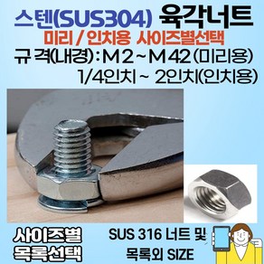 볼트가게 스텐 육각너트 미리용: M2~M42 / 인치용: 1/4인치~2인치 사이즈별 목록선택, 1개