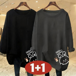 오스틱니 100kg까지 빅사이즈 1+1 특가상품 레이어드 맨투맨 여성 봄 가을 편한 라운드 100% 순면 심플 프린트 박시핏 긴팔 오버핏 티셔츠 롱티심플 겨울 코디 외출 간절기