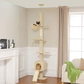 PAWZ Road 6단 대형 다색 패브릭 캣폴 천장 고정형 높이 조절 캣타워 210-274cm 해먹+숨숨집+삼베 스크래쳐 겸용 사다리, 1개, 베이지