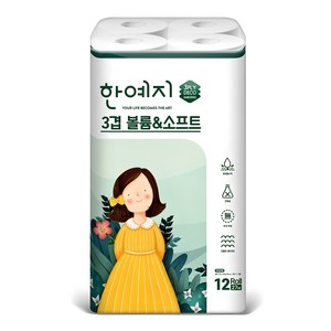 한예지 볼륨 앤 소프트 천연펄프 3겹 데코 고급롤화장지, 27m, 12개입, 1개