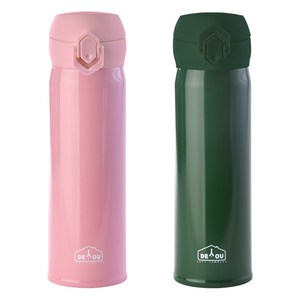 디유 비비드 2중 진공 원터치 보온병 2종 세트, 핑크 + 카키, 500ml, 1세트